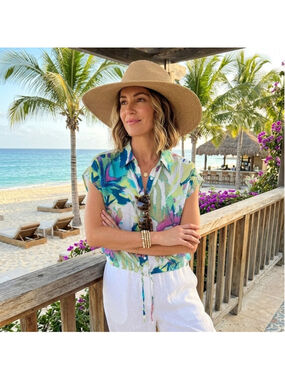 Melanie Lyne Watercolour Crepe Cinch Bottom Blouse Size S